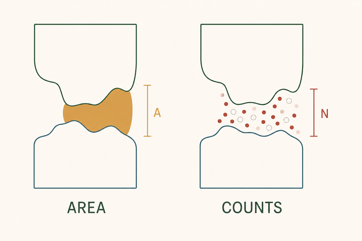 Two panels of the same interface: on the left one continuous shaded contact area with a single measurement bracket, on the right the same region shown as many scattered dots, several fading out.