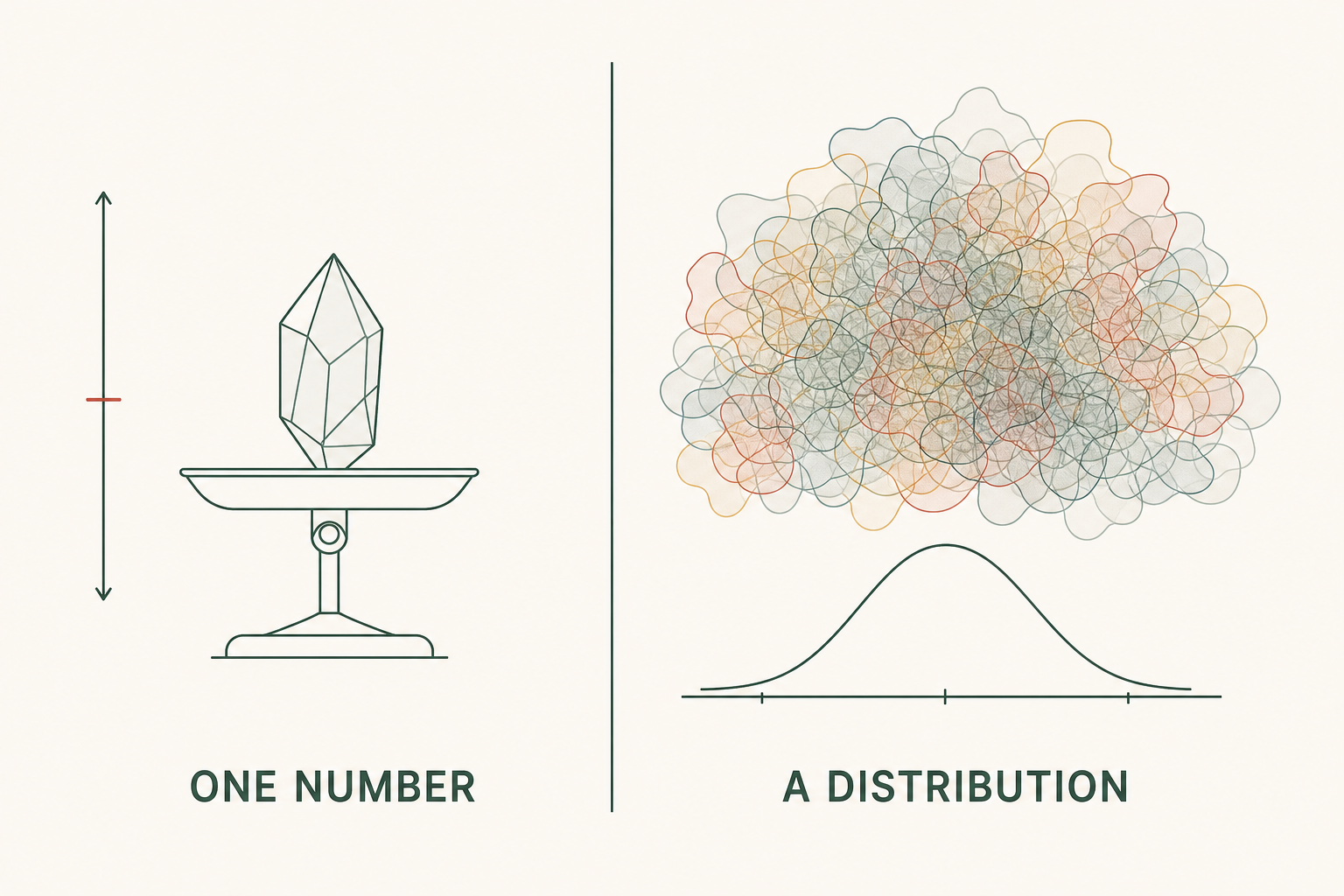 Left: a single faceted crystal on a balance with one tick mark on an axis. Right: a dense cloud of overlapping soft shapes above a bell-shaped distribution curve.