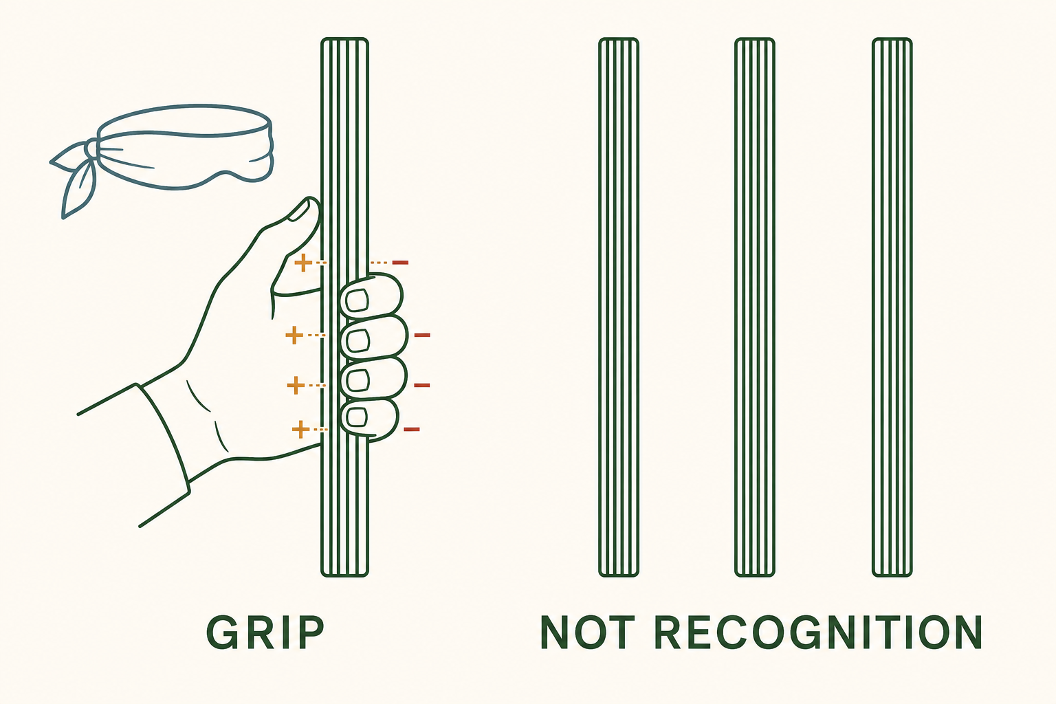 A hand gripping a ribbed rail with plus and minus charge symbols at the contact points, wearing a blindfold, next to three nearly identical parallel rails.